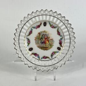 Vintage German Porcelain Courting Couple Plate Reticulated Edge Floral Gold Trim